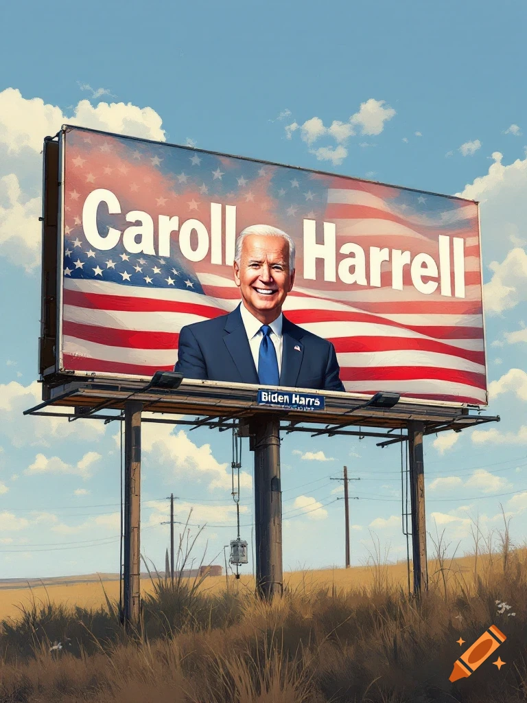 A large political billboard in a rural field depicts Joe Biden smiling with the text 'Caroll Harrell' and 'Biden Harris'.
