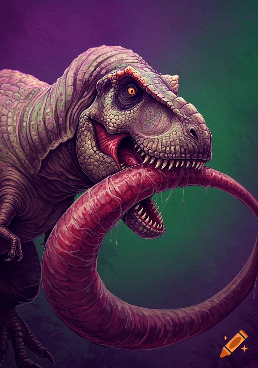 A stylized illustration of a purple and green T-Rex with an orange eye, eating a long, pink, worm-like creature.