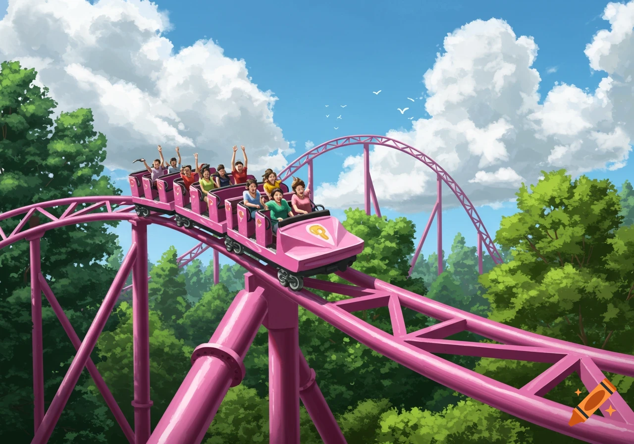 Illustrated pink rollercoaster with cheering people on its cars, set against a backdrop of green trees and a blue sky with white clouds.