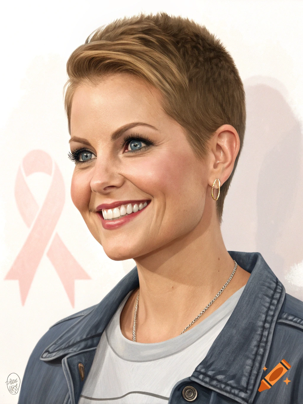 Photorealistic portrait of Candace Cameron Bure with a short buzzcut, smiling against a light background with a pink awareness ribbon.