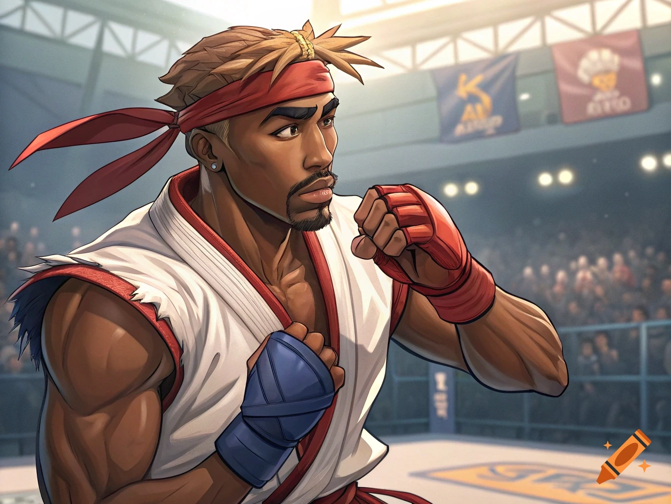 A muscular male fighter with a red headband and gi, wearing boxing gloves, stands in a fighting stance in an arena.