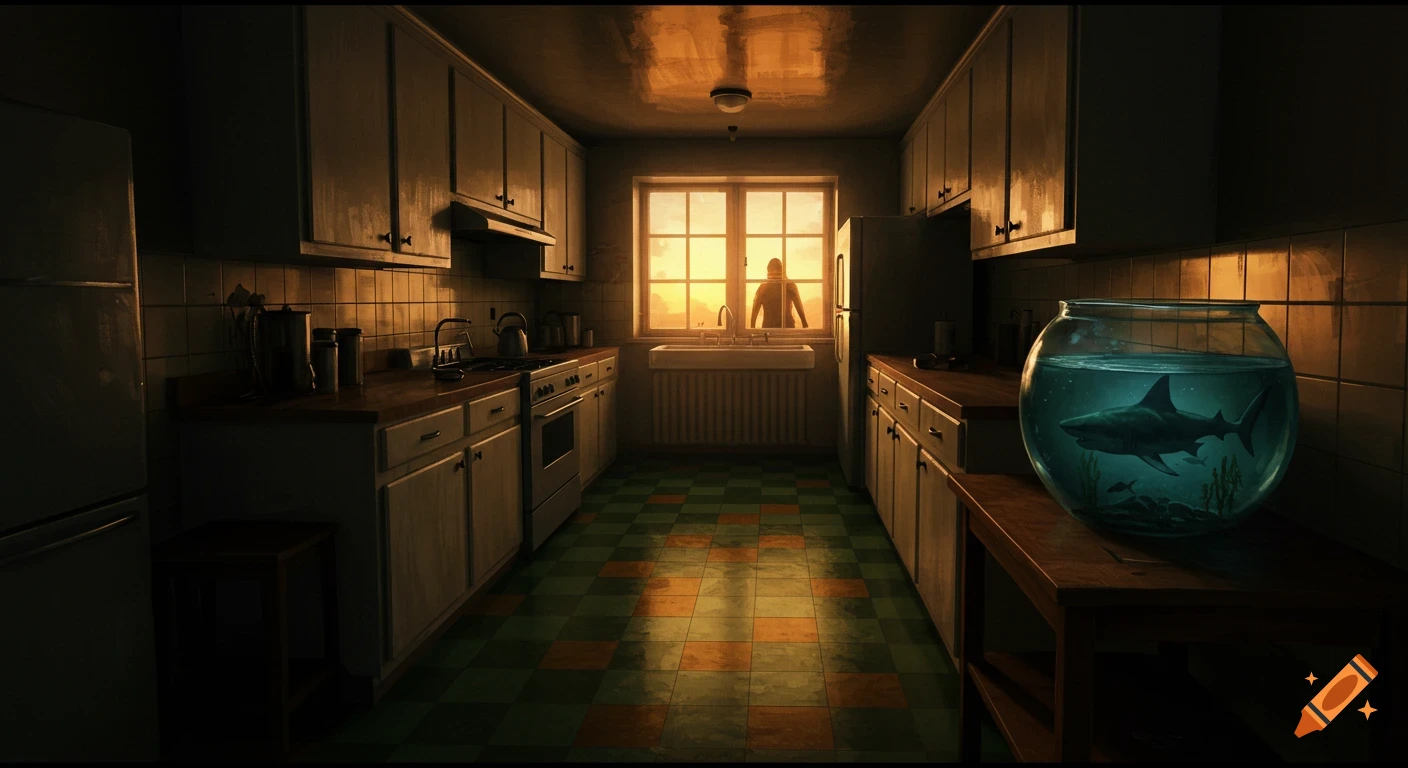 A dark, abnormally long kitchen at sunset, with a silhouetted figure at the window and a shark in a large fishbowl on a counter.
