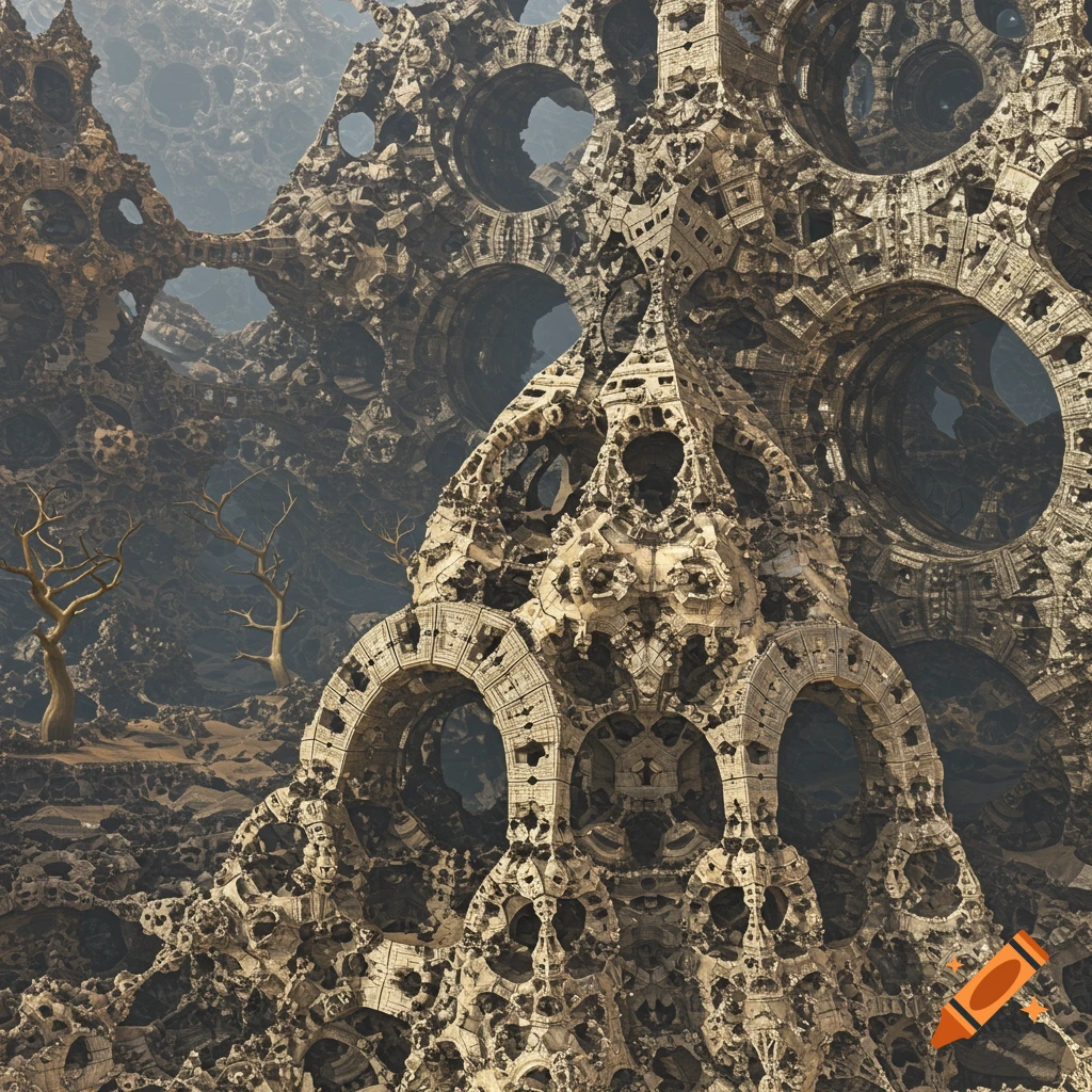 Intricate, jagged fractal structures resembling an ancient stone castle or mountain range with bare trees under a hazy sky.