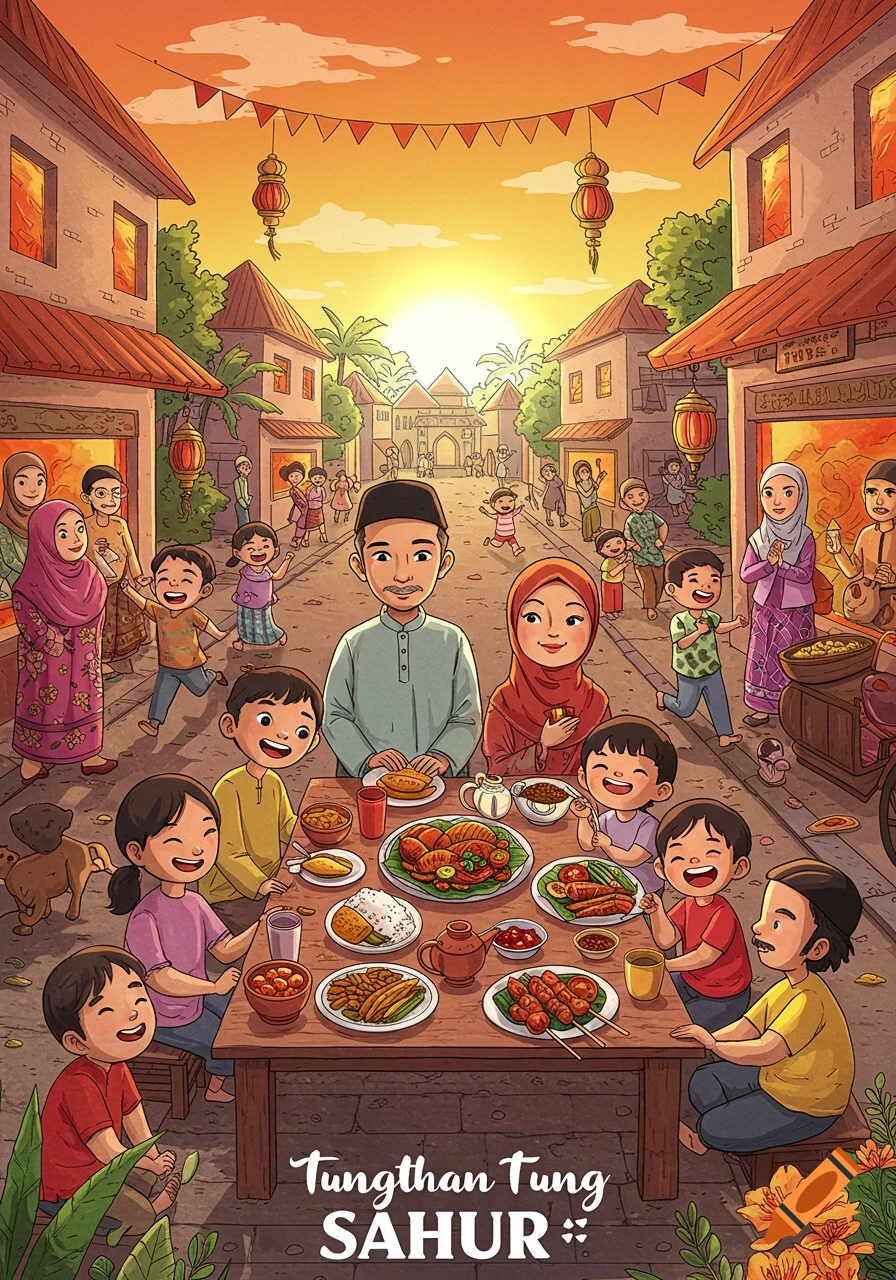 An illustration of a large Muslim family sharing a meal at a long table in a festive village street at sunset, with other people and houses in the background.