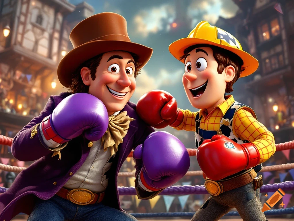 Cartoon versions of Willy Wonka and Bob the Builder smiling and wearing boxing gloves in a boxing ring.