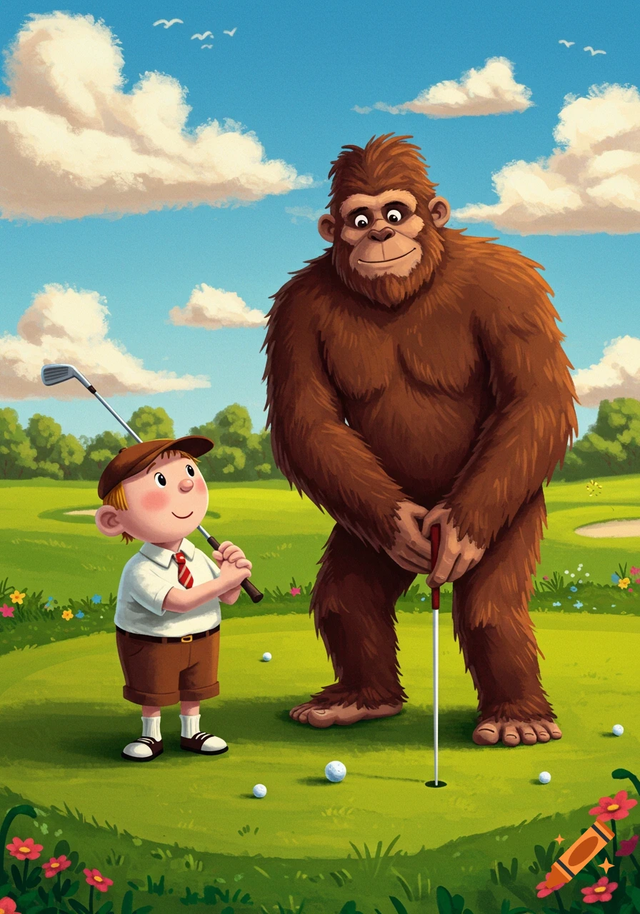 A cartoon bigfoot and a small boy play golf on a sunny green course.