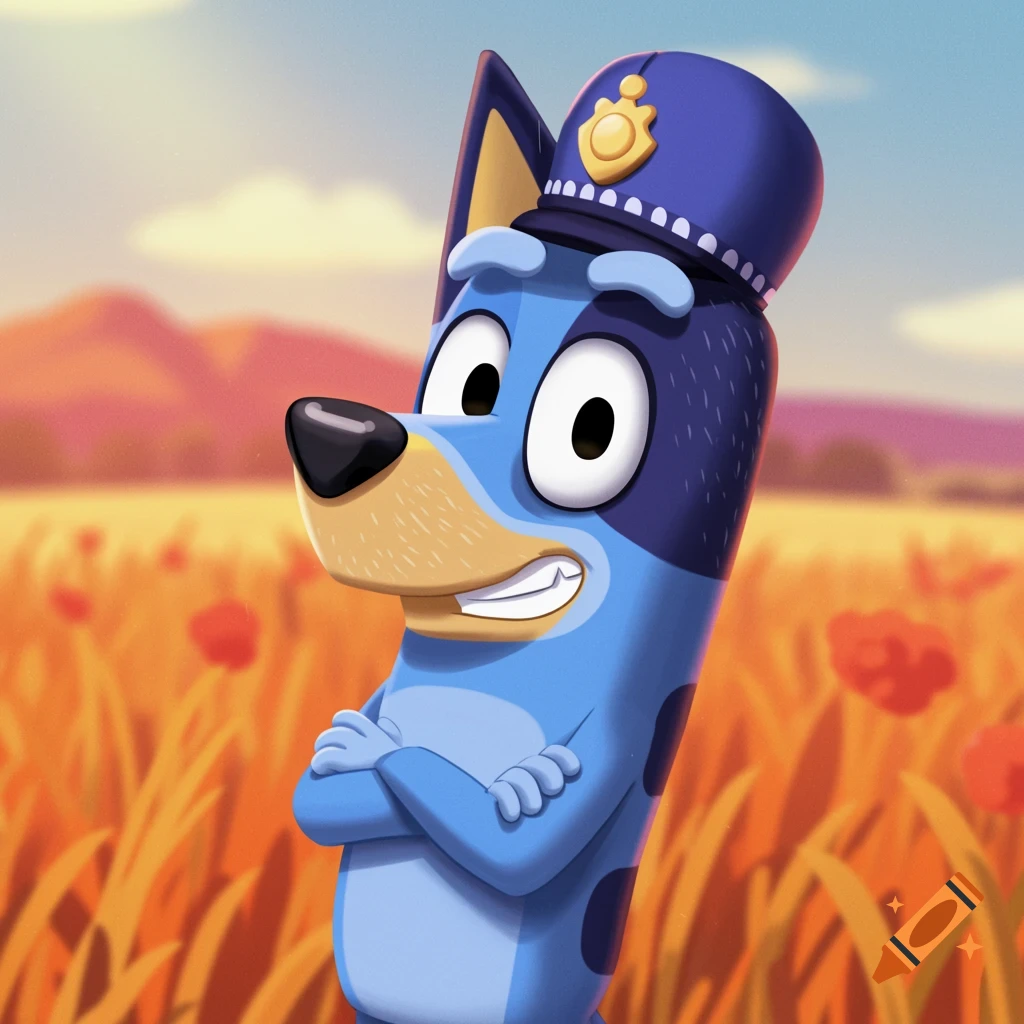 Bluey, a blue dog character, with arms crossed and a stern look, wearing a police hat, standing in a golden field.