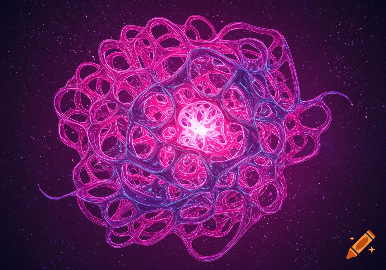 Abstract network of glowing pink and purple tubes, resembling a neural or cellular structure, against a dark starry background.