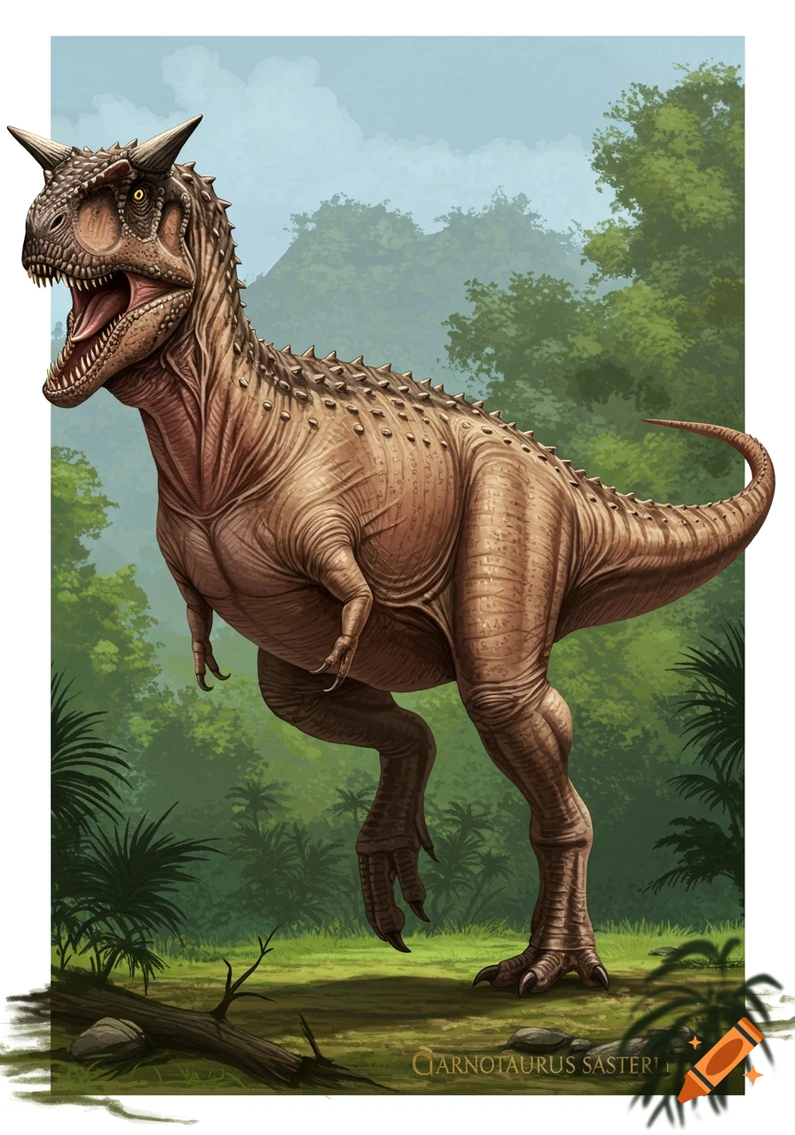 A brown Carnotaurus dinosaur with horns and sharp teeth stands in a lush green jungle.