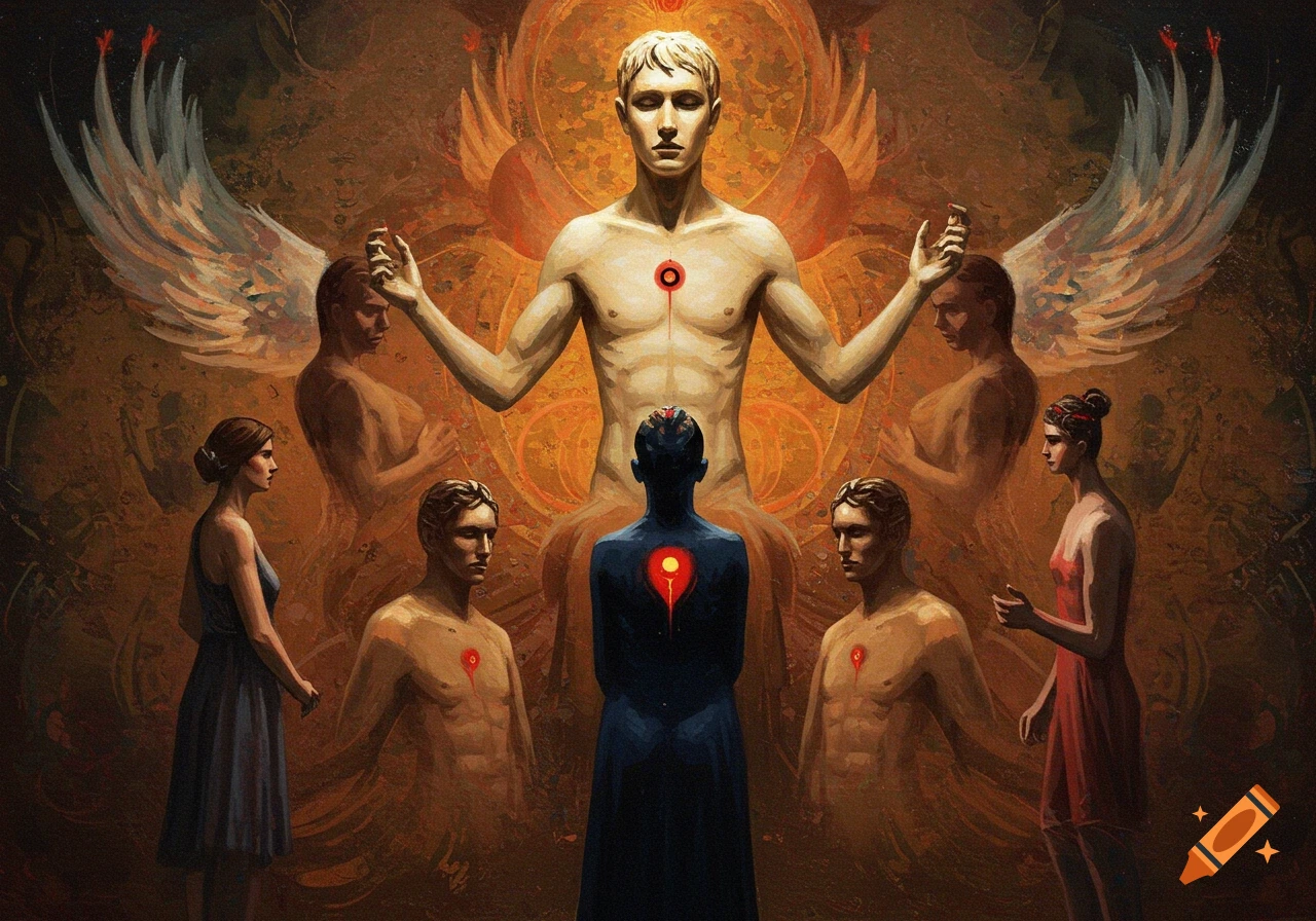 Abstract painting depicting a central radiant figure with wings, surrounded by multiple human figures with glowing hearts, in warm symbolic tones.