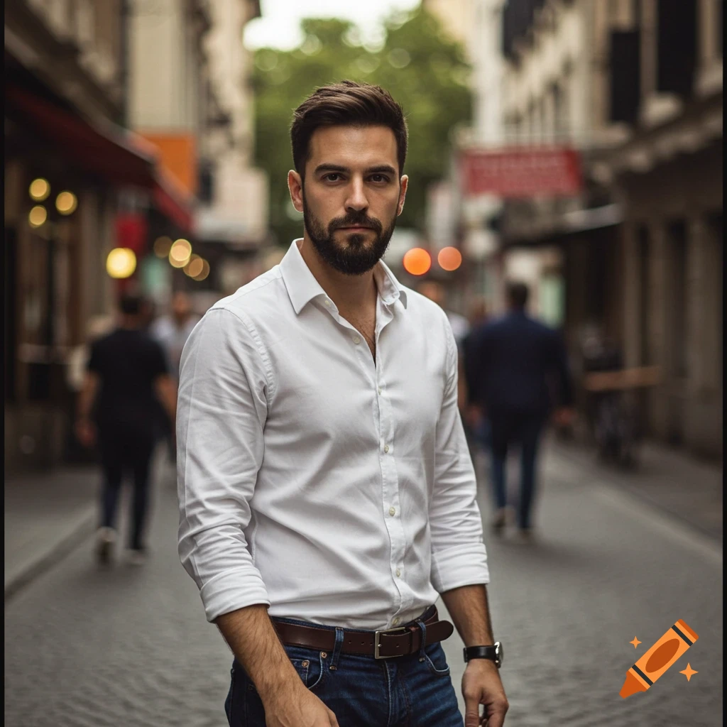 A photorealistic image of a man with a beard and white shirt standing on a cobblestone street.