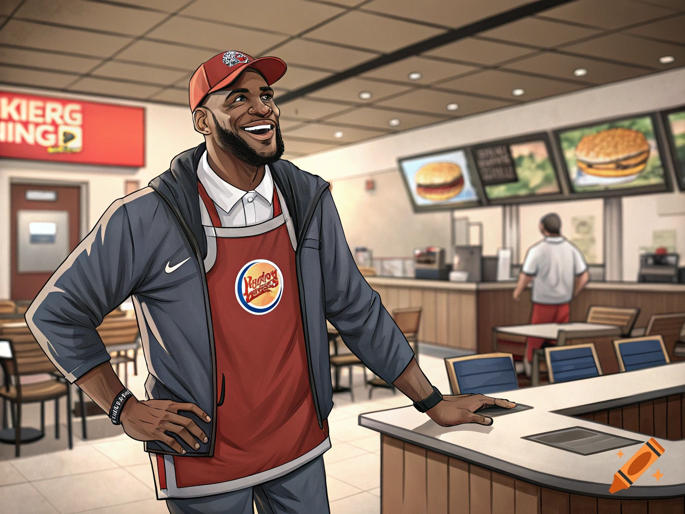 Cartoon-style illustration of LeBron James smiling in a fast food restaurant, wearing a red apron over a gray jacket and a red cap.