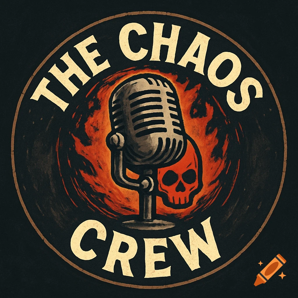 Vintage-style circular logo for The Chaos Crew podcast, featuring a microphone and a red skull against a fiery background.