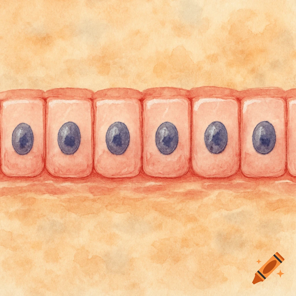 A watercolor illustration of a row of simple cuboidal epithelial cells, each with a dark nucleus, against a light brown background.
