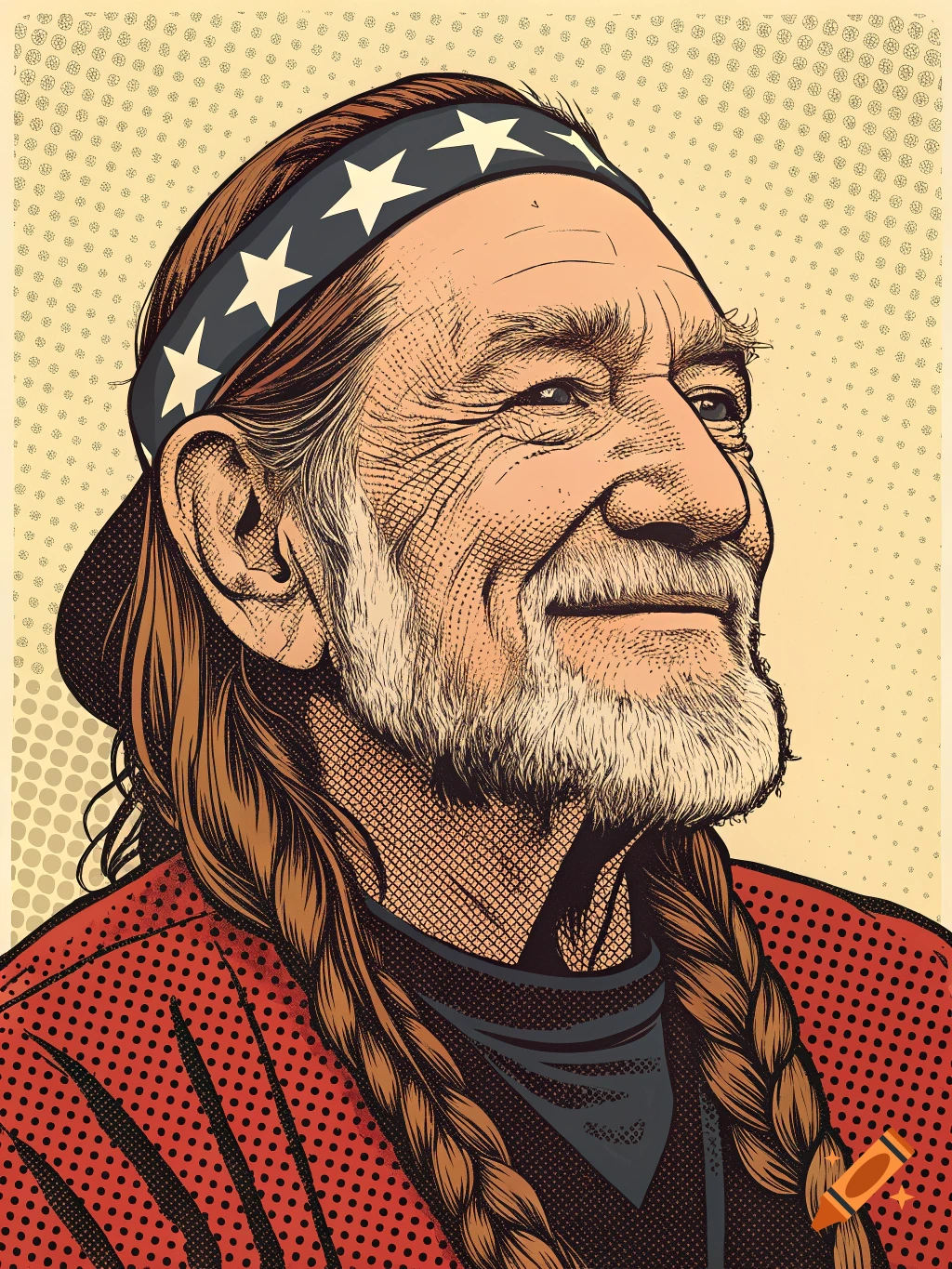 Pop art illustration of Willie Nelson with a beard and braided hair, wearing a star-spangled headband and red polka dot shirt.
