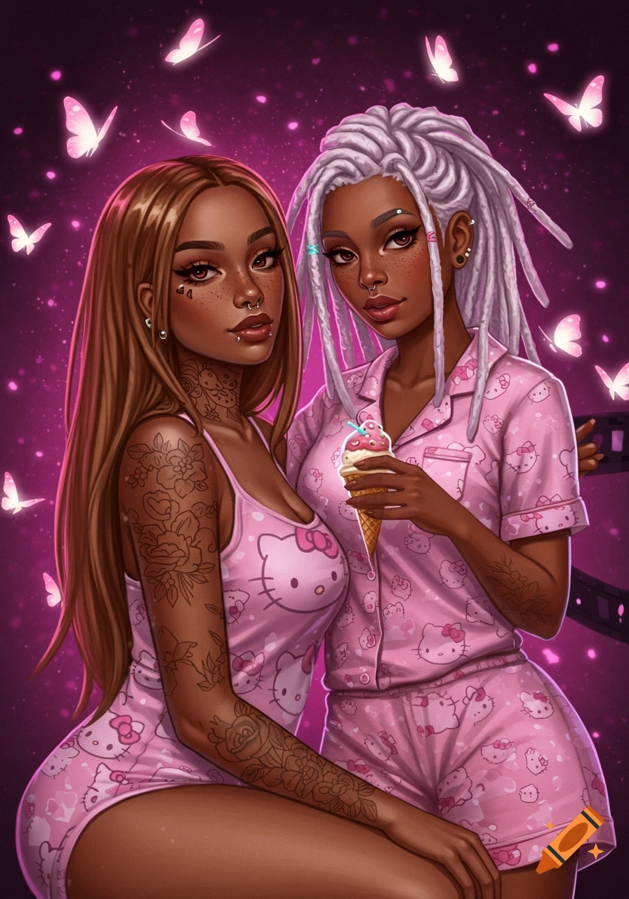 Two illustrated women in pink Hello Kitty pajamas, one with brown hair, the other with white dreadlocks, with glowing butterflies.