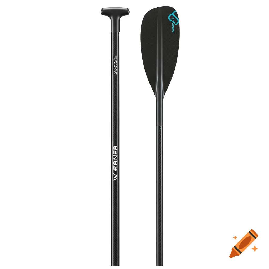 A black paddle with a T-handle and a separate paddle blade, both with carbon fiber texture and brand names 'WERNER' and 'SURGE'.
