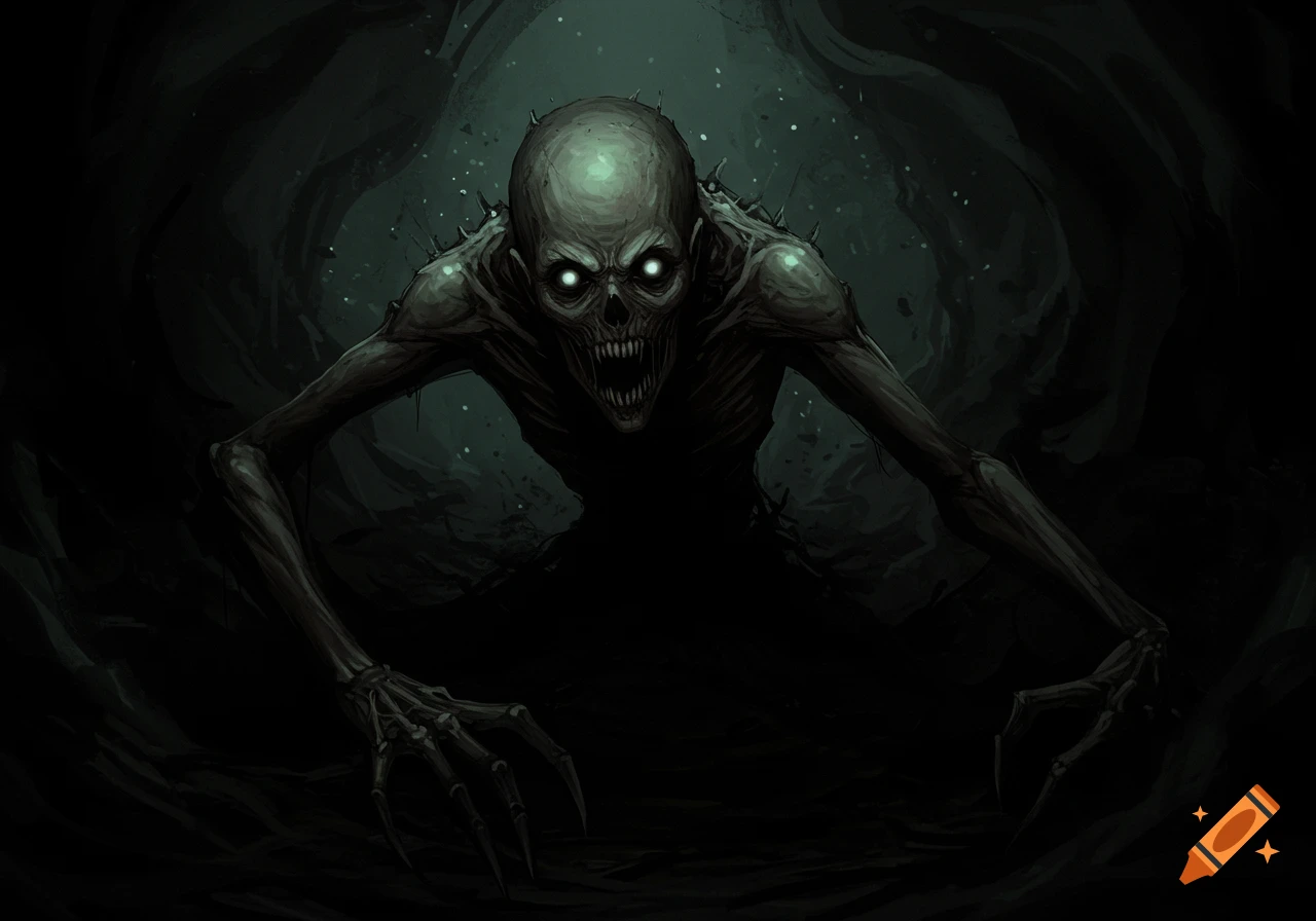 A gaunt, skeletal creature with glowing eyes and sharp teeth looms out of the darkness, staring intensely forward in a horror art style.