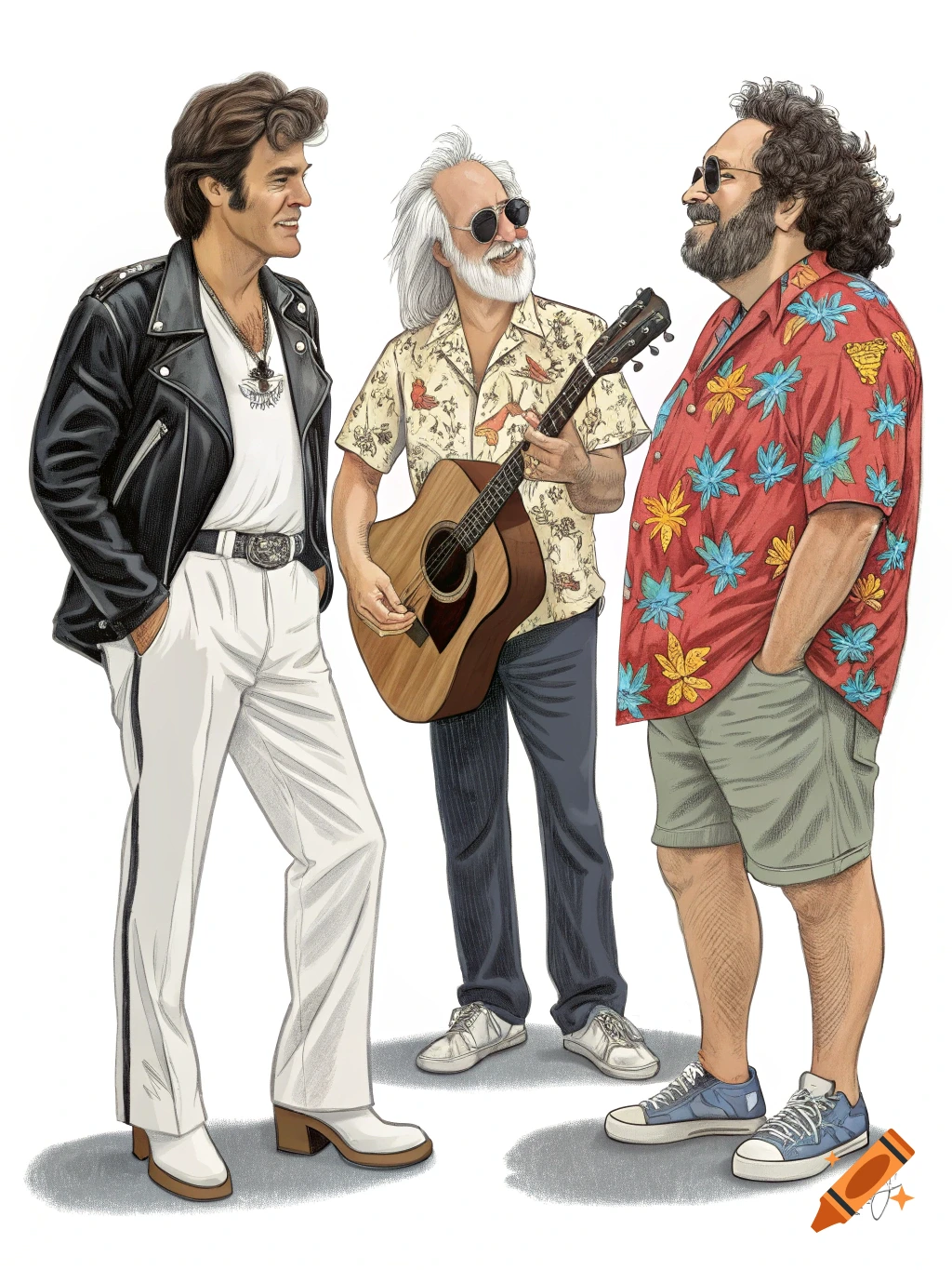 Illustration of three musicians: Elvis Presley, Jimmy Buffett, and Jerry Garcia, standing and smiling.