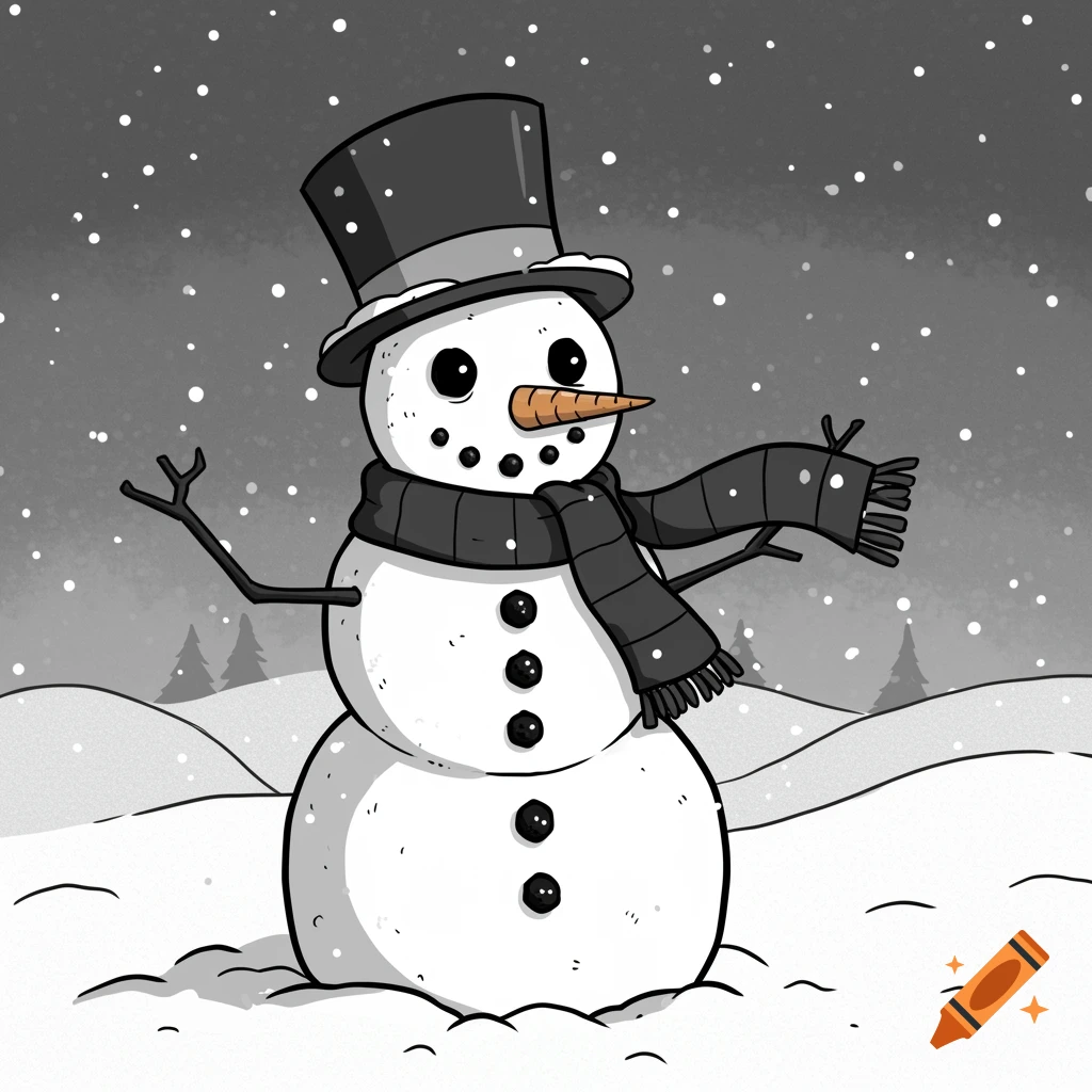 A cartoon black and white snowman wearing a top hat and scarf stands in a snowy landscape with falling snow.