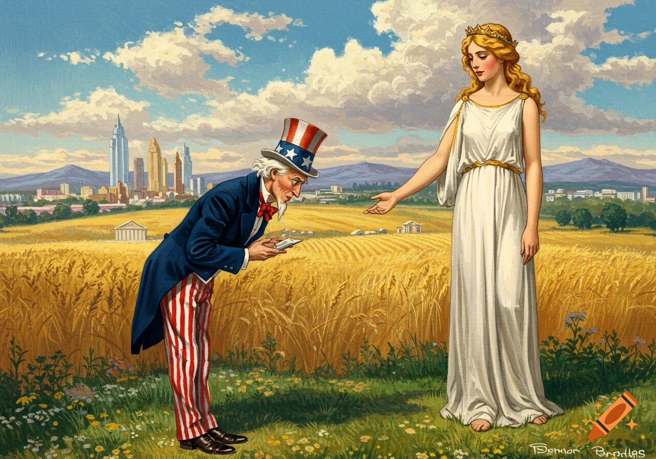 Uncle Sam bows to Columbia in a golden wheat field with a city skyline in the background, in an allegorical painting style.
