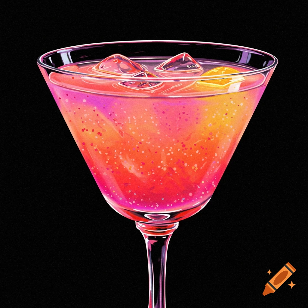 A vibrant pink and orange glittery cocktail with ice cubes in a martini glass on a black background.