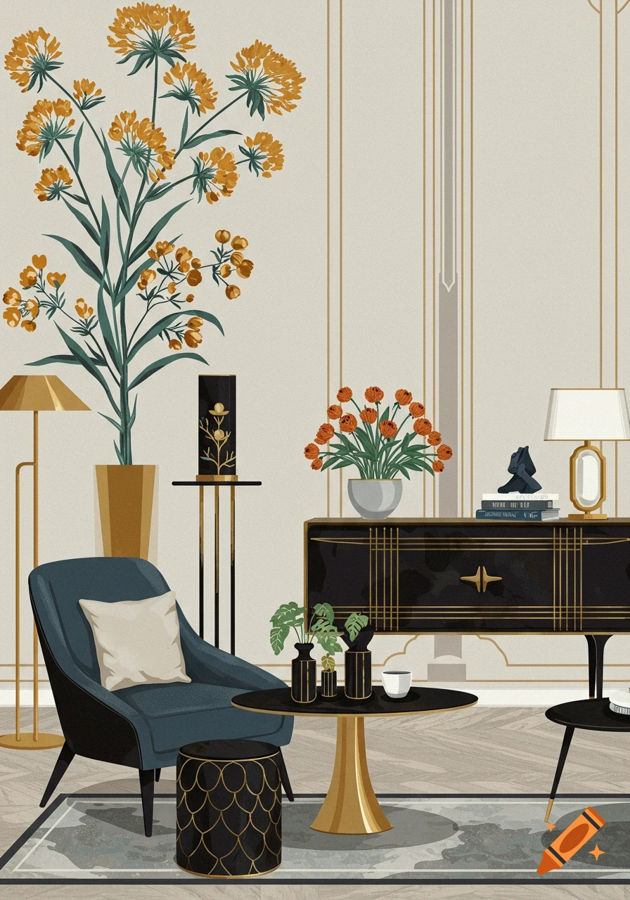 An elegant Art Deco style living room with a blue armchair, black console, golden floor lamp, and tall golden flowers.