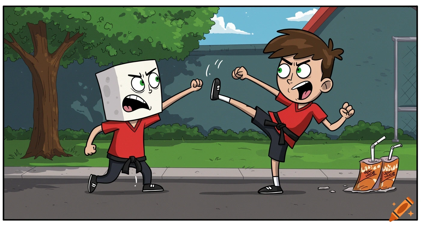 A cartoon of a block-headed kid fighting a brown-haired kid with a kick on a sidewalk, with spilled juice boxes nearby.