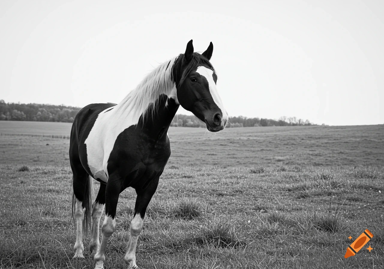 A black and white photograph of a pinto horse standing in a grassy pasture.