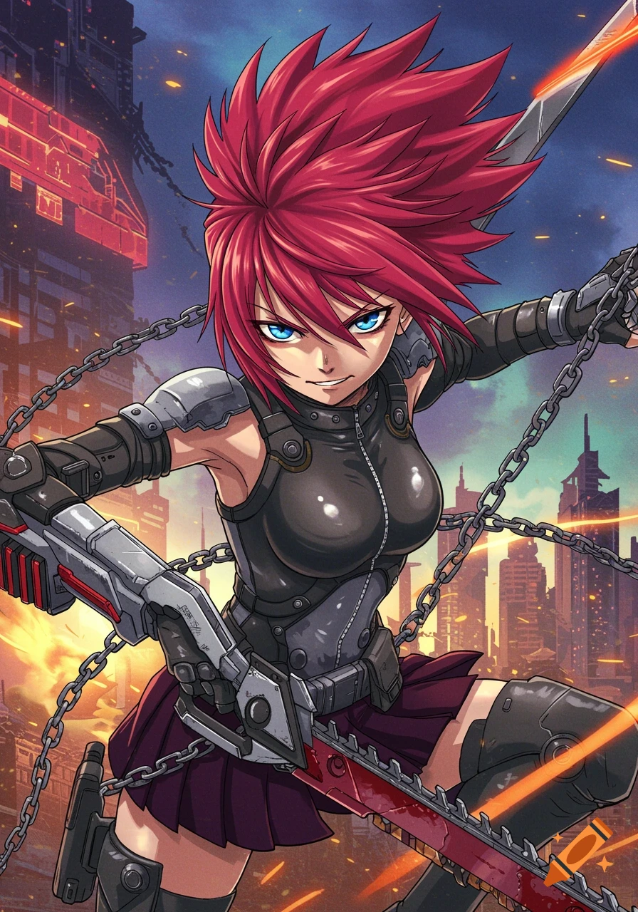 An anime character with spiky red hair and blue eyes, wearing dark ...