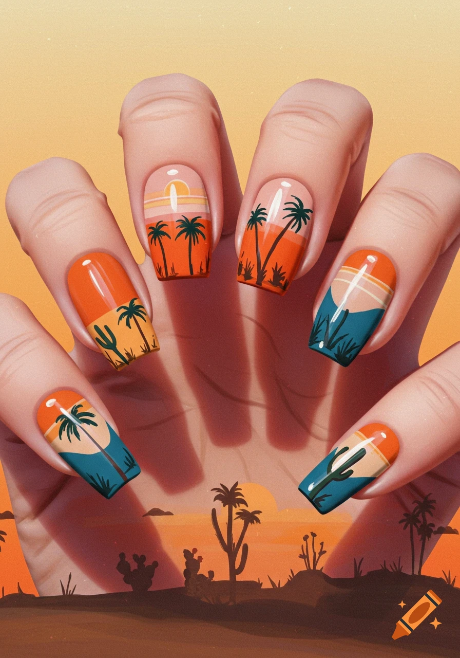 Close-up of a hand with nails painted in desert sunset designs featuring palm trees and cacti.