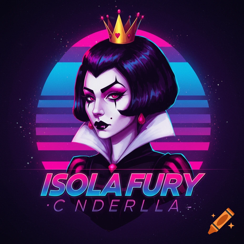 A retro synthwave portrait of a woman with a crown and dramatic makeup against a striped circle, with text 'ISOLA FURY C NDERLLA'.