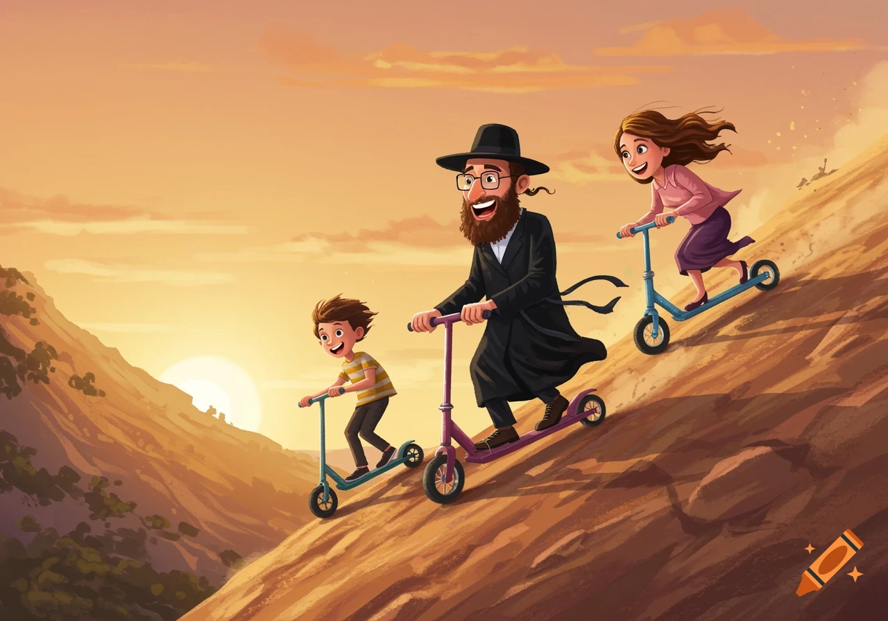 A cartoon illustration of a Jewish father and two children happily riding kick scooters down a sandy hillside at sunset.