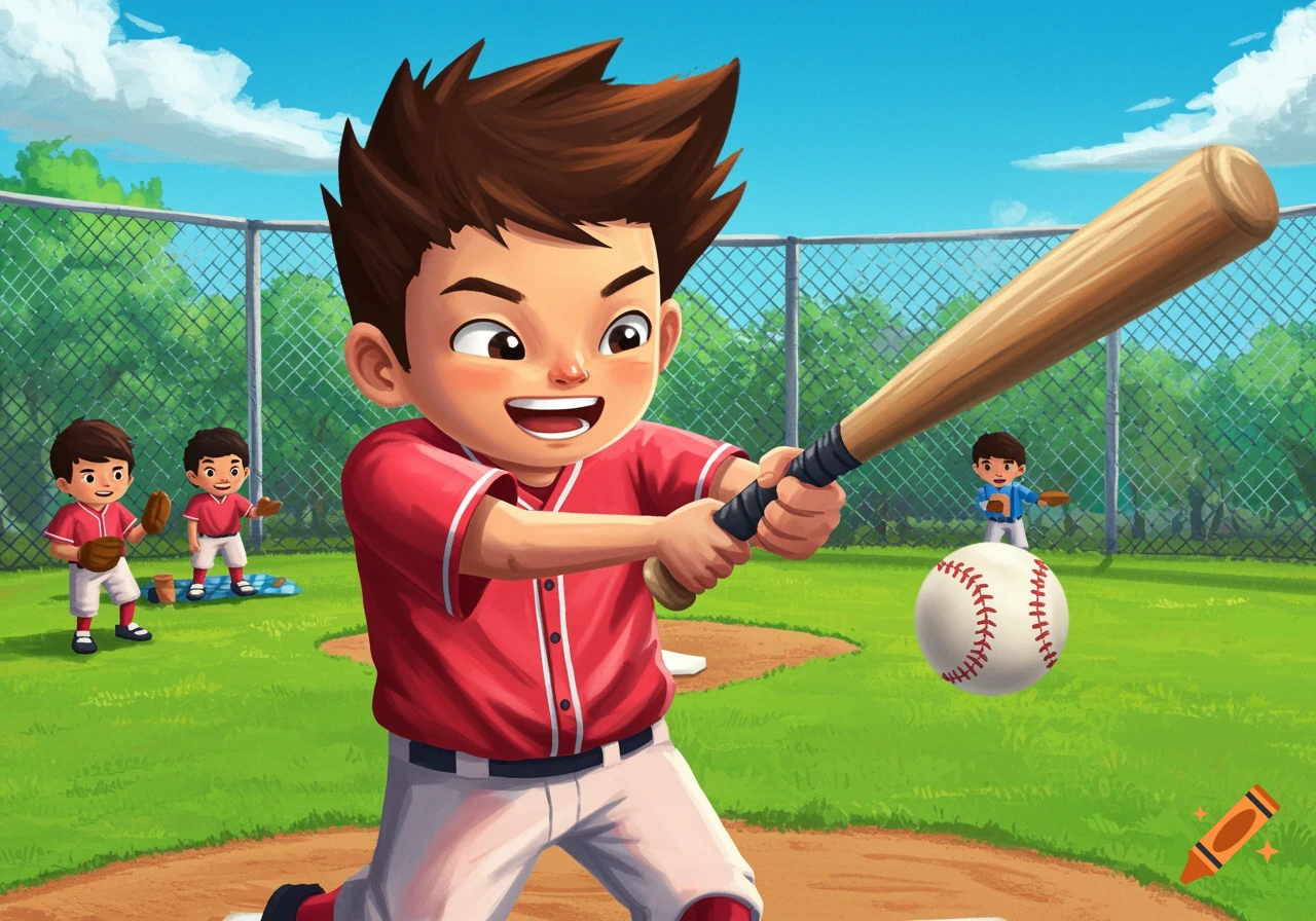 Cartoon illustration of a boy in a red baseball uniform about to hit a baseball on a green field with other boys.