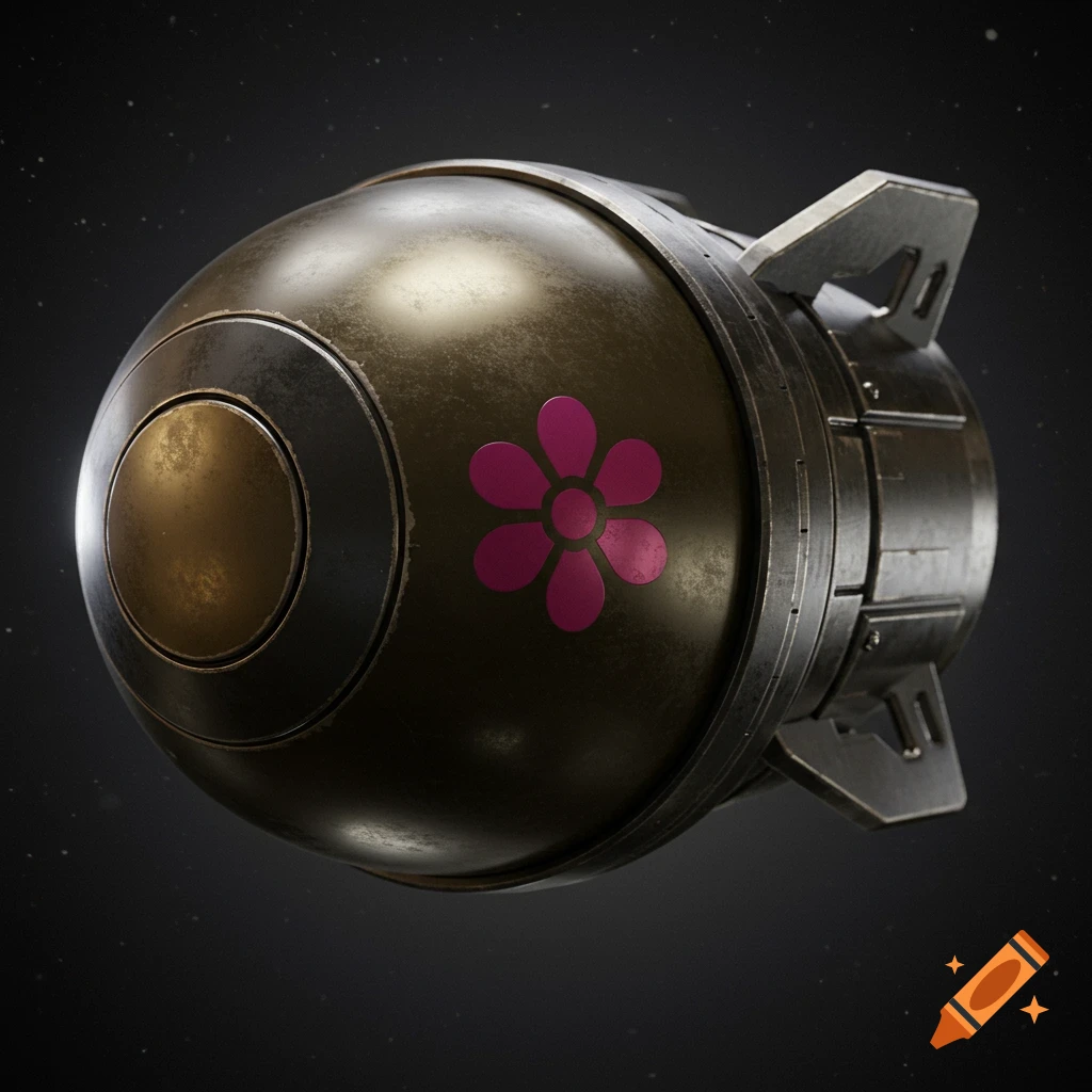 A dark, metallic 3D rendered bomb with a bright pink flower symbol on its side.