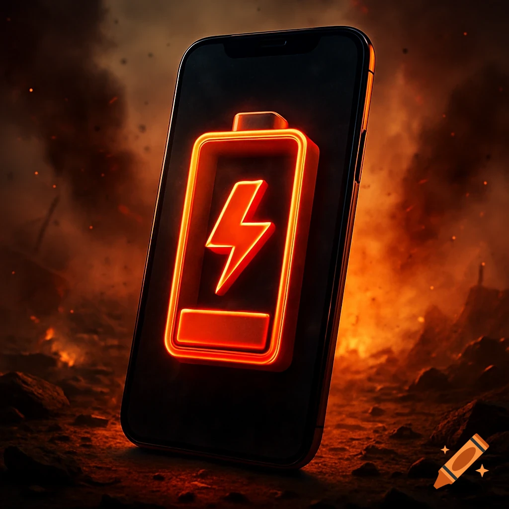 A glowing red battery icon with a lightning bolt on a smartphone screen, set against a fiery, smoky, war-torn background.