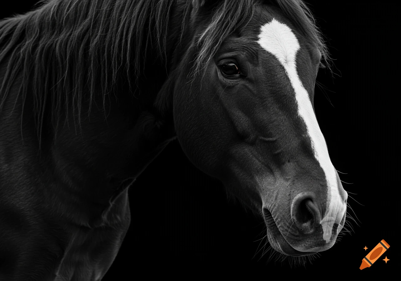 High-contrast black and white close-up portrait of a horse's head with a white blaze and fluffy forelock against a dark background.
