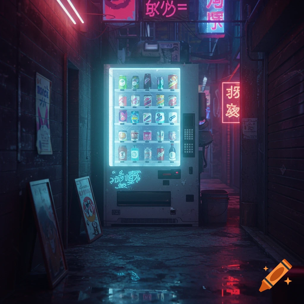A glowing vending machine stands prominently in a dark, neon-lit futuristic alleyway, with reflections on the wet ground.