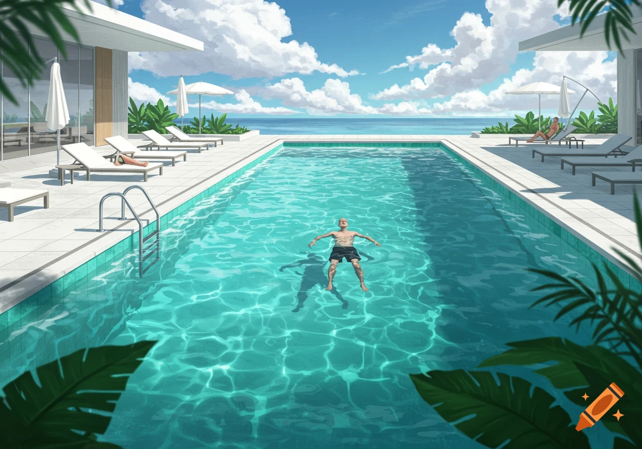 A man floats in a large turquoise swimming pool at a modern resort overlooking the ocean, with lounge chairs and palm trees.