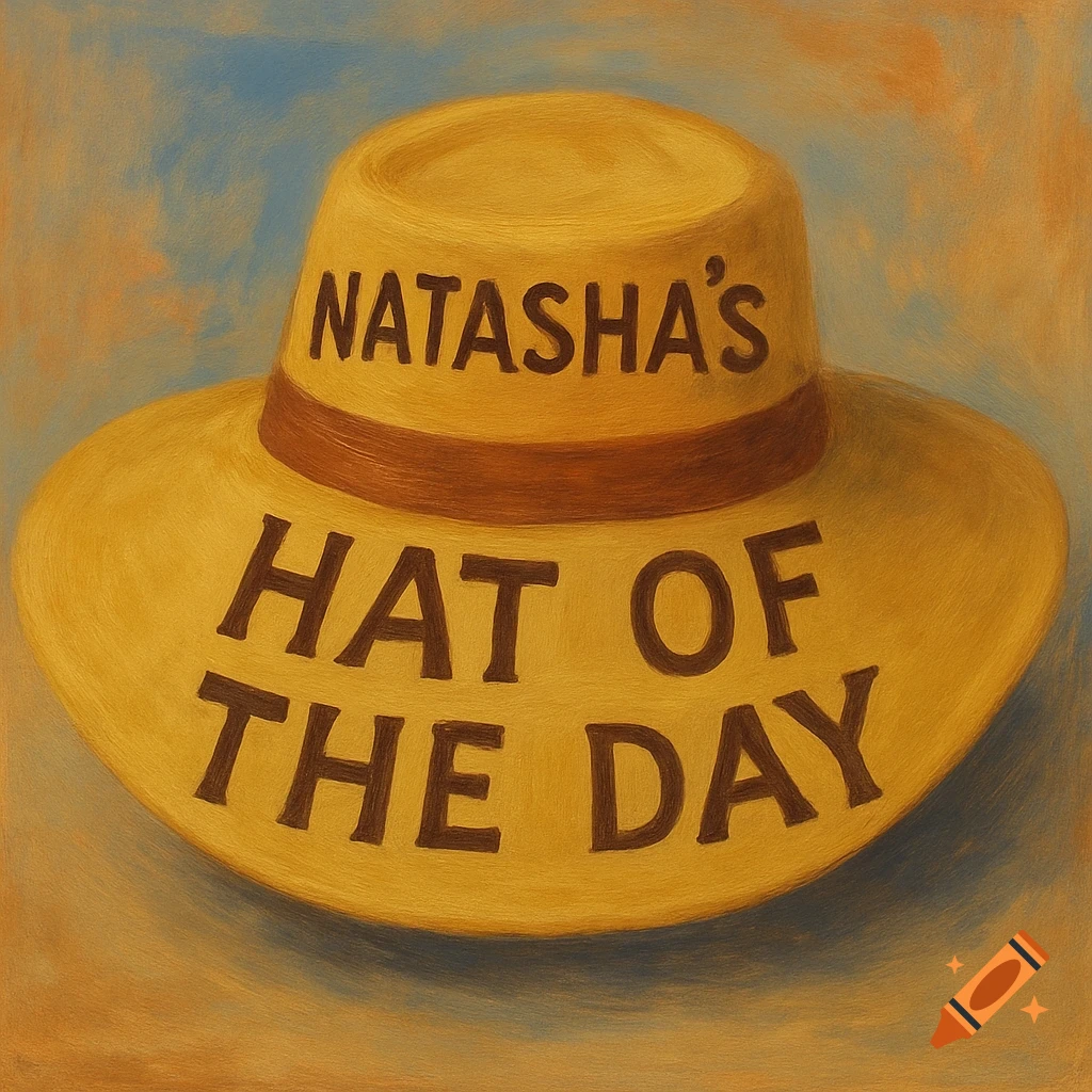 A yellow hat with the words 'NATASHA'S HAT OF THE DAY' printed on it, in a painterly style.