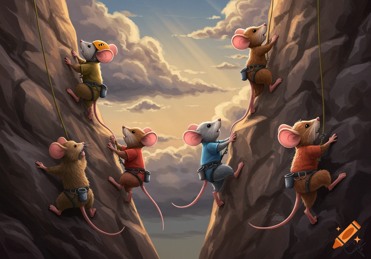 Six cartoon mice in harnesses rock climbing up two large mountains at sunset with a cloudy sky.