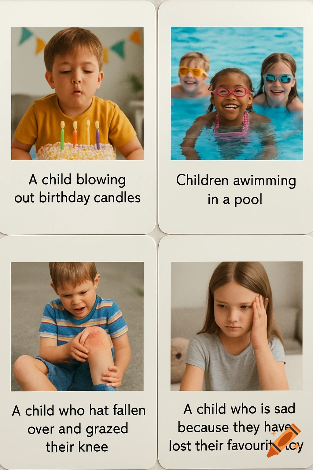 Four flashcards depicting children's scenes: a boy blowing out birthday candles, three children swimming, a boy with a grazed knee, and a sad girl.