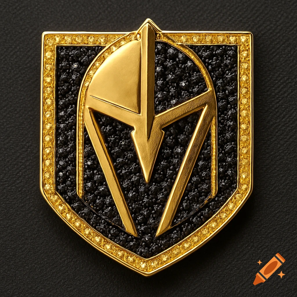 The Golden Knights logo, featuring a gold knight's helmet design on a black textured background, encircled by yellow diamonds.