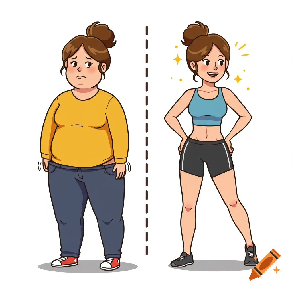 A cartoon illustration of a woman before and after weight loss, showing her in a larger form on the left and a fit form on the right.