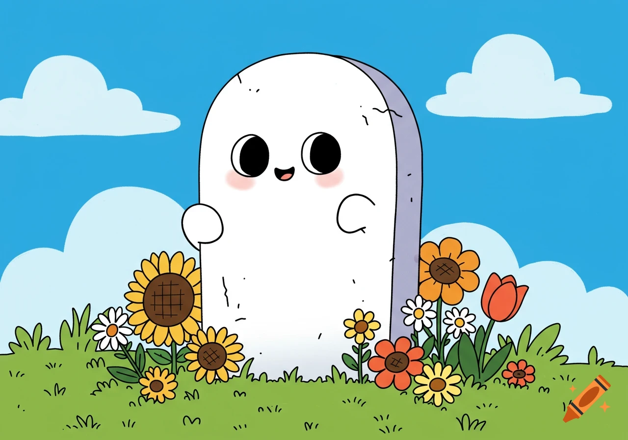 A cute cartoon ghost with rosy cheeks peeking from behind a white gravestone surrounded by colorful flowers and green grass under a blue sky.