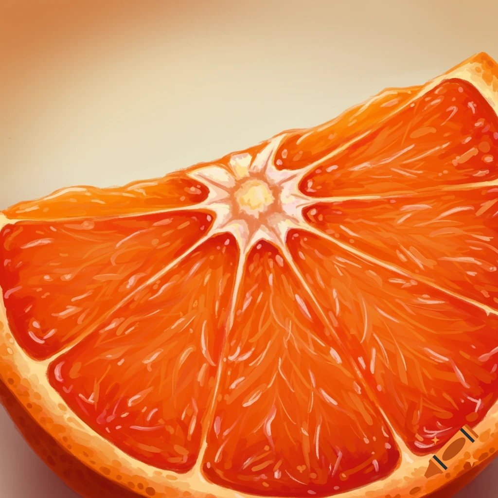 A close-up illustration of a sliced orange, revealing its juicy segments and white pith, set against a light background.