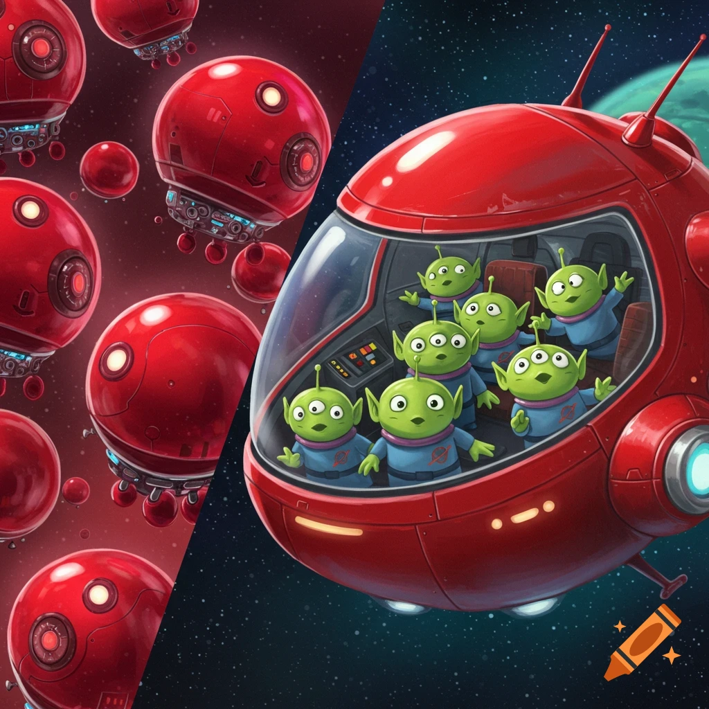 A split-screen image shows red robotic bubbles in space on the left, and on the right, green, three-eyed aliens inside a red spaceship.