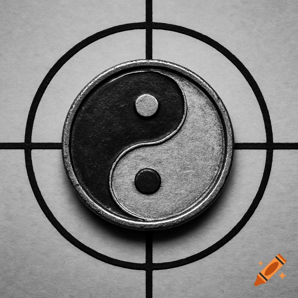 A close-up, black and white shot of a metallic Yin and Yang symbol centered on a grid pattern.