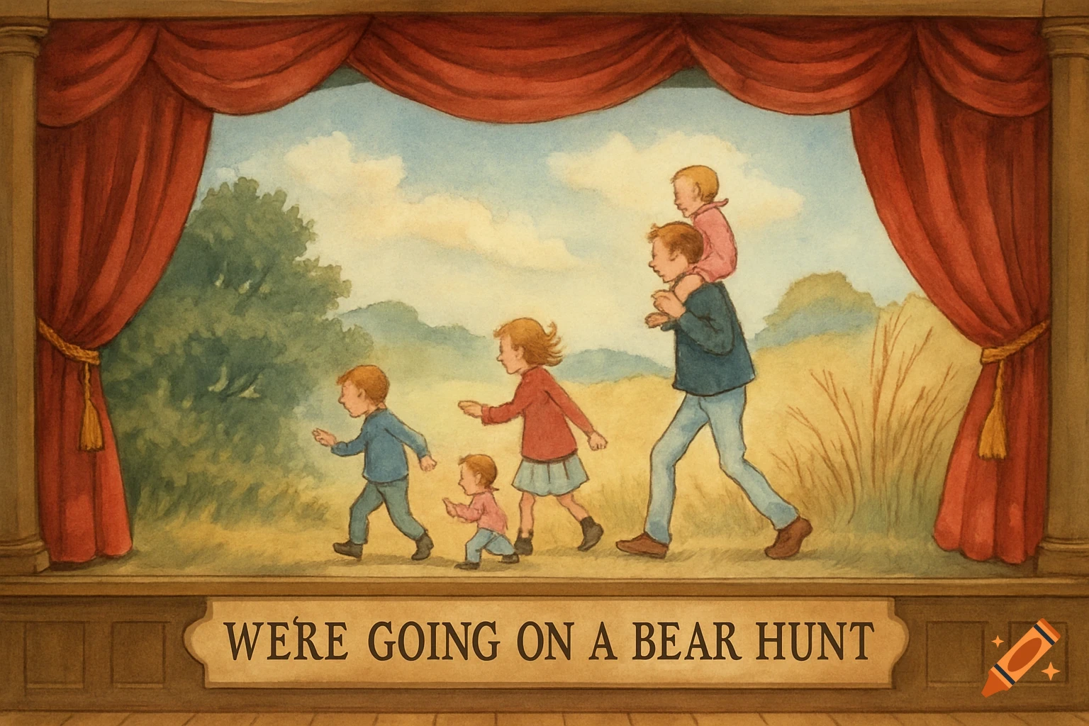 A watercolor illustration of a family on a stage set, with red curtains framing a painted landscape. Text at the bottom reads 'WE'RE GOING ON A BEAR HUNT'.