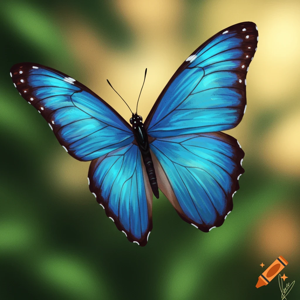 A detailed digital painting of a blue butterfly with open wings on a blurred green and yellow background.